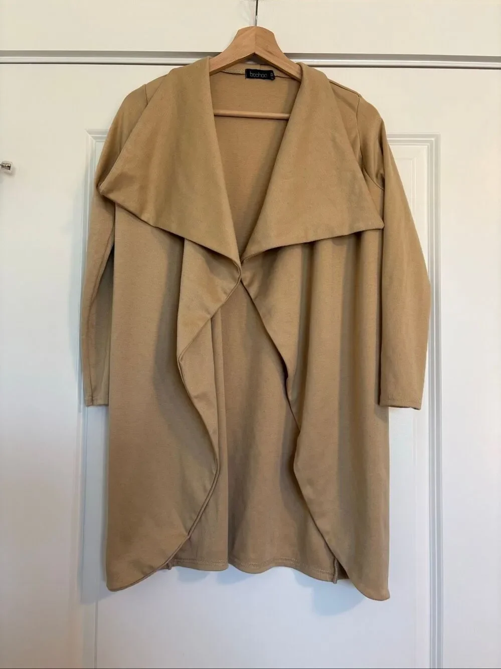 Boohoo Camel Tan Waterfall Draped Open Front Longline Cardigan Size 2